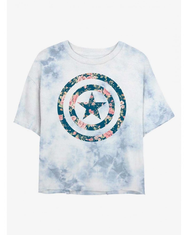 Marvel Captain America Floral Shield Tie-Dye Girls Crop T-Shirt $13.58 T-Shirts