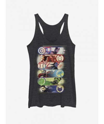 Marvel Avengers: Endgame Avengers Group Badge Girls Black Heathered Tank Top $9.84 Tops