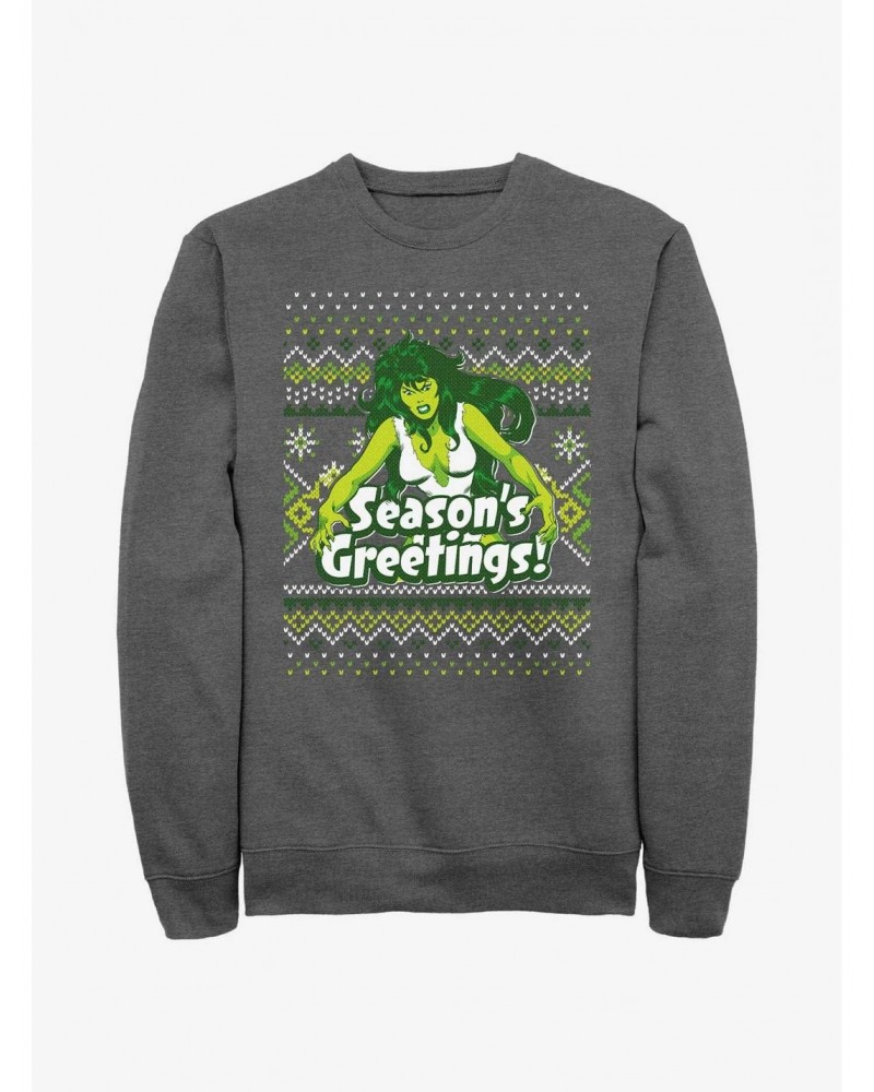 Marvel Hulk She-Hulk Season's Greetings Ugly Christmas Sweatshirt $11.81 Sweatshirts