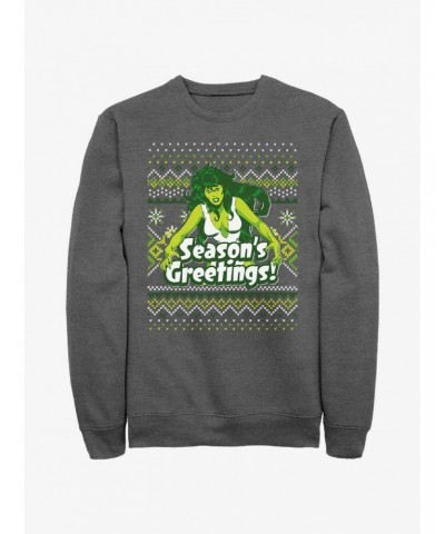 Marvel Hulk She-Hulk Season's Greetings Ugly Christmas Sweatshirt $11.81 Sweatshirts